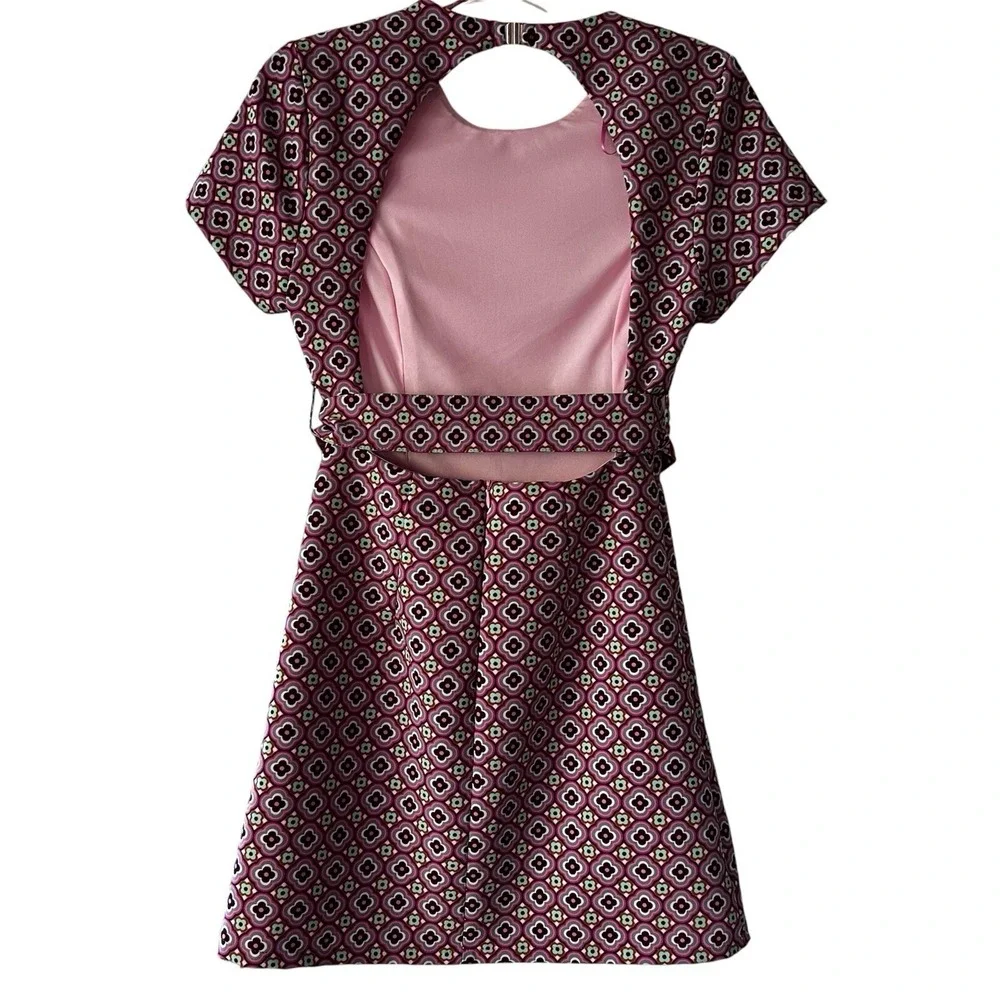 Zara Retro Print Open Back Mini Dress Pink Size Med preppy 70s mod belted barbie - Picture 2 of 16